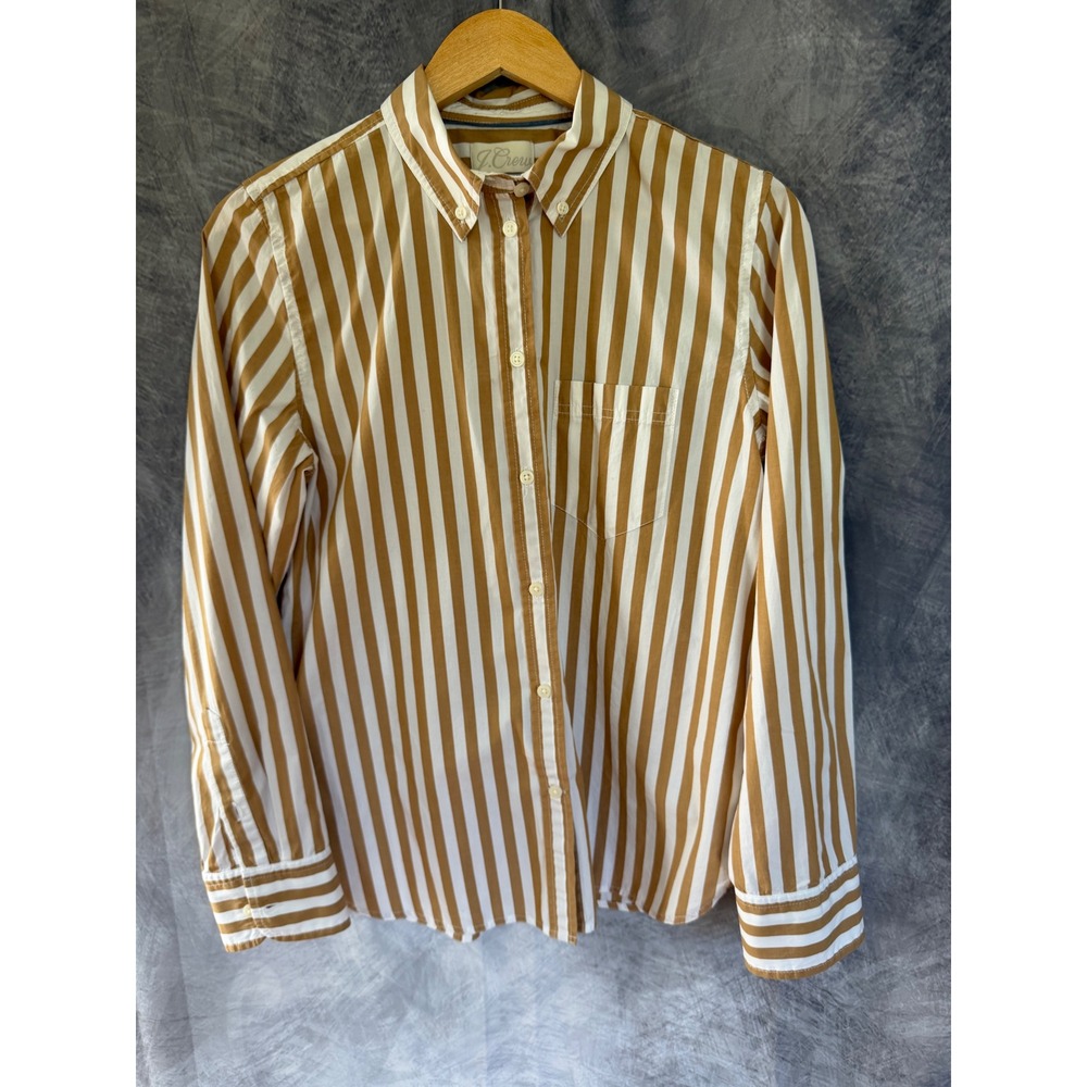 J.Crew Womens Classic Fit Striped Button Down Shirt Tan White Cotton Size 6